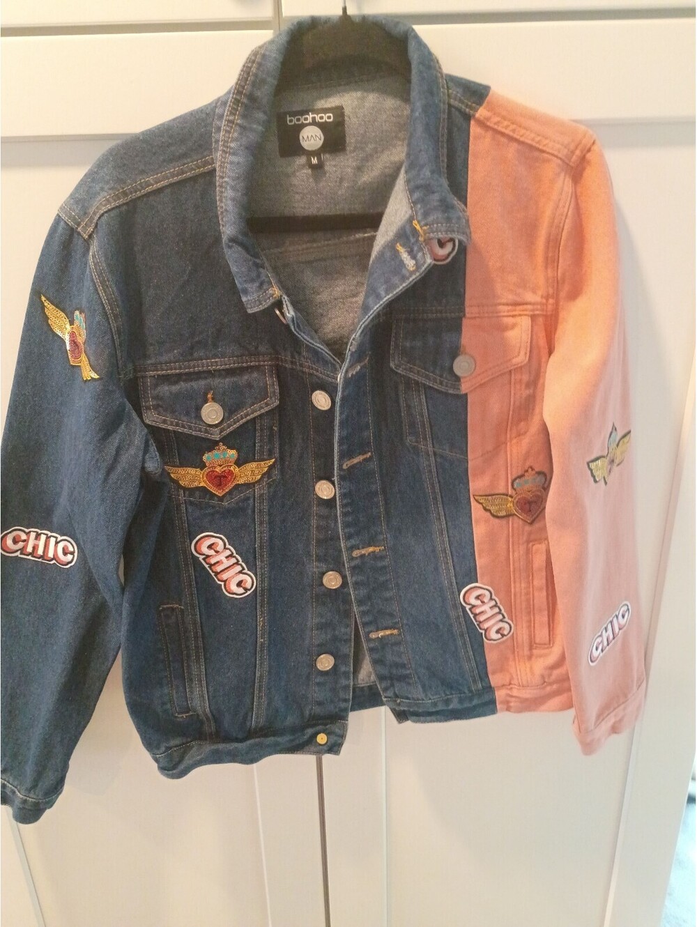 boohoo MAN Colorblock Denim Jacket with Patches, Size M